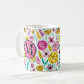 Sommerrosa Gelbe Blumen Wasserfarbenmonogramm Kaffeetasse (Vorderseite Links)