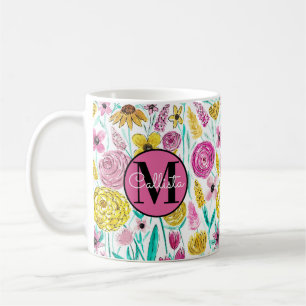 Sommerrosa Gelbe Blumen Wasserfarbenmonogramm Kaffeetasse