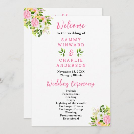 Sommerrosa-gelbe Blumenhochzeit Programm (Vorne/Hinten)