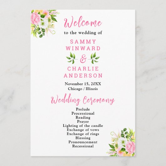 Sommerrosa-gelbe Blumenhochzeit Programm (Vorderseite)