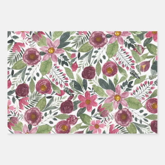 Sommerrosa grüne Wasserfarbe Blühende Blume Geschenkpapier Set (Vorderseite 2)