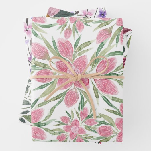 Sommerrosa grüne Wasserfarbe Blühende Blume Geschenkpapier Set (Beispiel)