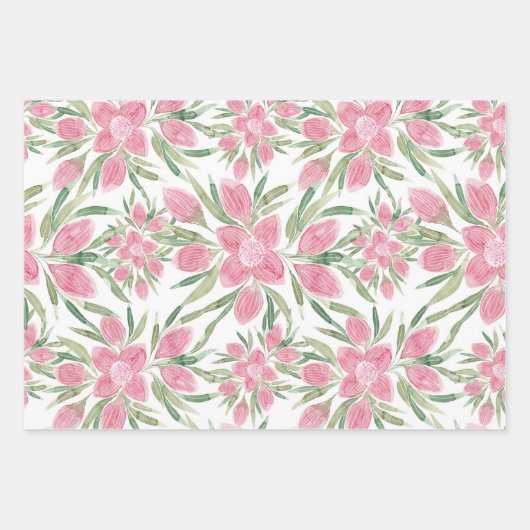 Sommerrosa grüne Wasserfarbe Blühende Blume Geschenkpapier Set (Vorderseite)