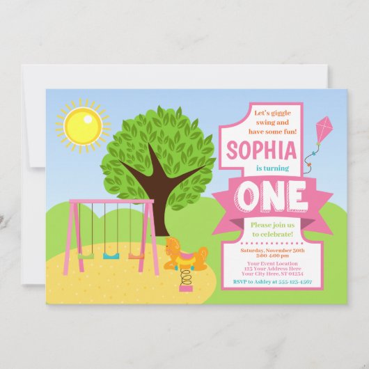 Sommerrosa Playground Park 1. Geburtstag Einladung (Vorderseite)