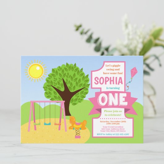 Sommerrosa Playground Park 1. Geburtstag Einladung (Stehend Vorderseite)