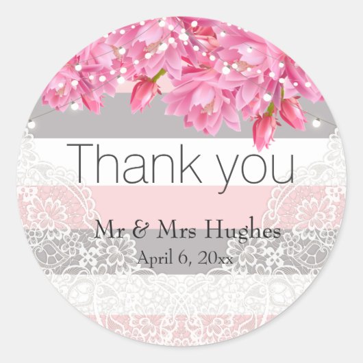 Sommerrosa und graue Streifen Blumenstrauß Hochzei Runder Aufkleber (Vorderseite)