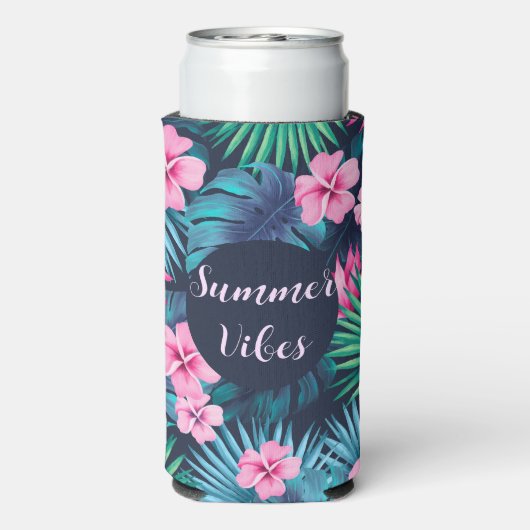 Sommerrosa und Palmblättrige tropische Flora Selters Dosenkühler (Seltzer Rückseite)