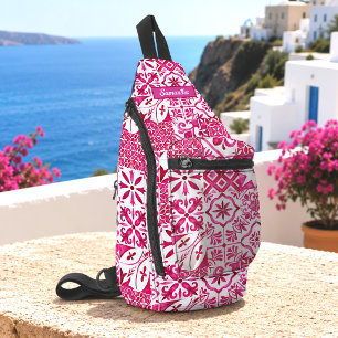 Sommerrote Majolika-Blumen-Mittelmeerkacheln Crossbody Bag