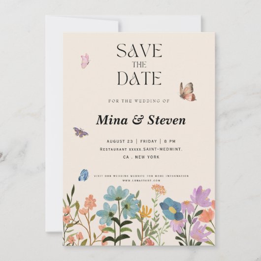 Sommerrustikale botanische Wildblumen Hochzeit Save The Date (Vorderseite)