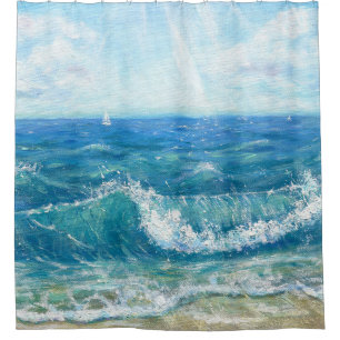 Sommersaison, blaue Wellen, Acrylmalerei. Duschvorhang