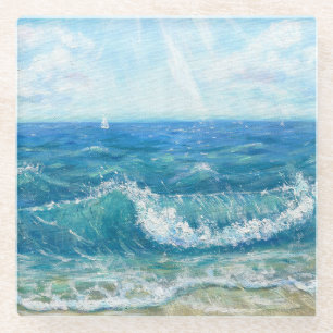 Sommersaison, blaue Wellen, Acrylmalerei. Glasuntersetzer