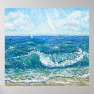 Sommersaison, blaue Wellen, Acrylmalerei. Poster