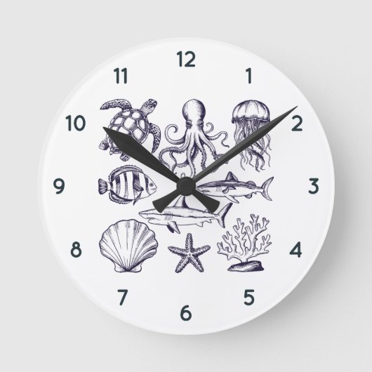 Sommerschildkröte Fischhaie Oktopus Seashell Runde Wanduhr (Vorderseite)
