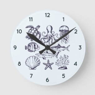 Sommerschildkröte Fischhaie Oktopus Seashell Runde Wanduhr