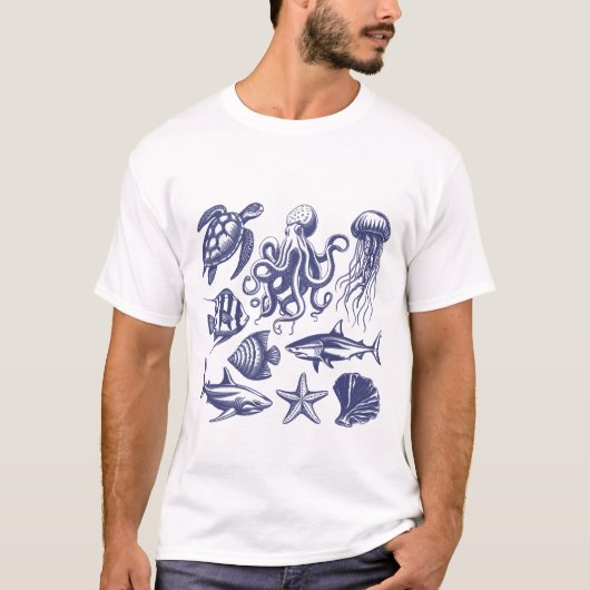 Sommerschildkröte Fischhaie Oktopus Seashell T-Shirt (Vorderseite)