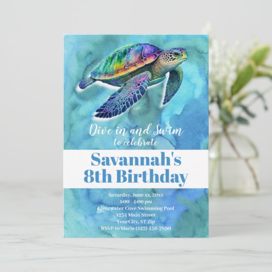 Sommerschwimmbad Birthday Pool Party Sea Turtle Be Einladung (Stehend Vorderseite)