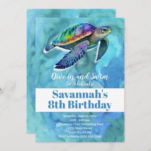 Sommerschwimmbad Birthday Pool Party Sea Turtle Be Einladung (Vorne/Hinten)