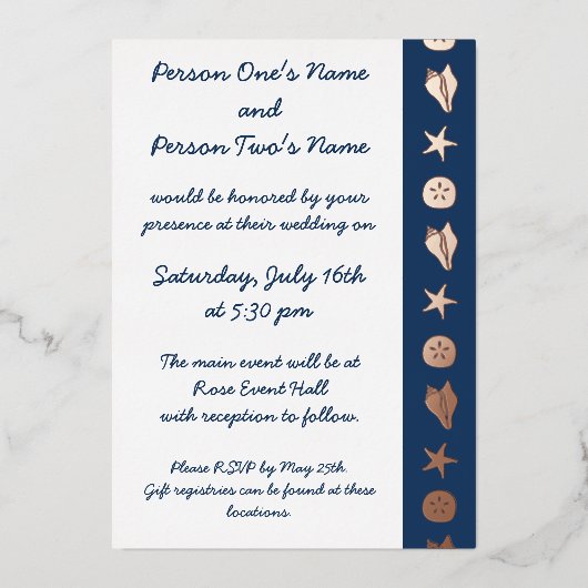Sommerseashells in Navy Foil Einladung (Vorderseite)