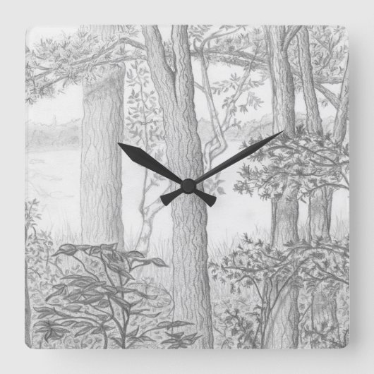 Sommersee mit Holz-Graphitstift Zeichnend Quadratische Wanduhr (Vorderseite)