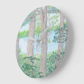 Sommersee mit holzfarbenem Bleistift Zeichnend Große Wanduhr (Winkel)