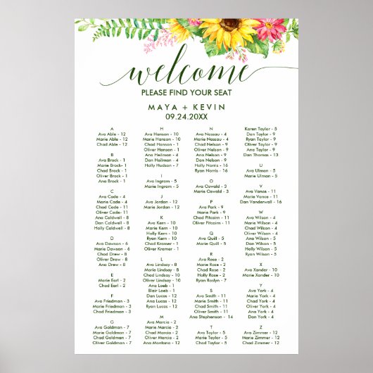 Sommersonnenblume Alphabetischer Sitzplan Poster (Vorne)