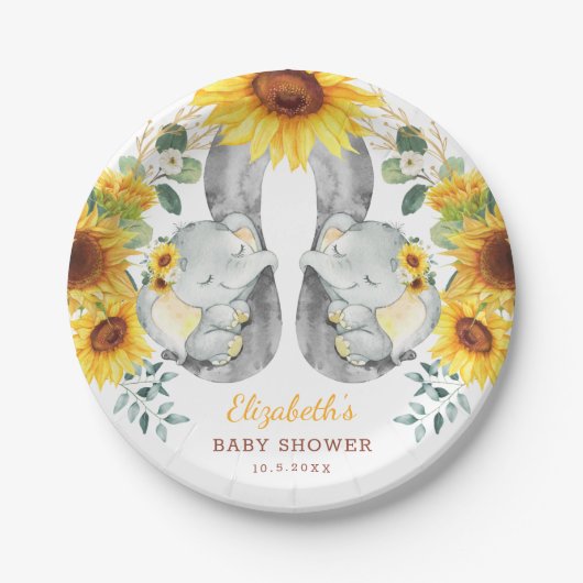 Sommersonnenblume Elefant Twins Jungle Babydusche Pappteller (Vorderseite)