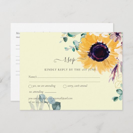 Sommersonnenblumen Eukalyptus Grüne Hochzeit Postkarte (Vorne/Hinten)