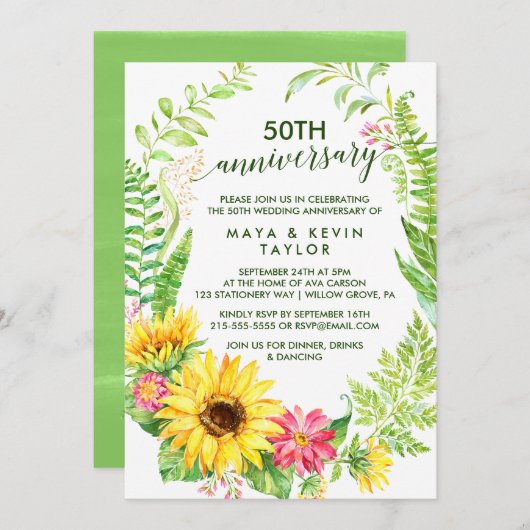 Sommersonnenblumenkranz 50. Hochzeitstag Einladung (Vorne/Hinten)