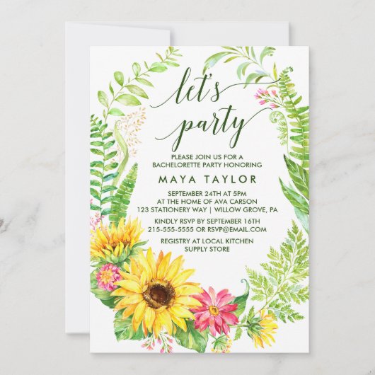 Sommersonnenblumenkranz Lasst uns Party machen Einladung (Vorderseite)