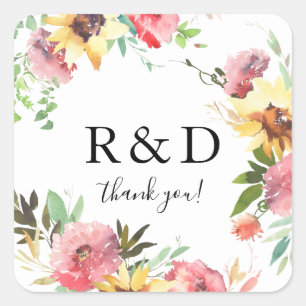 Sommersonnenblumenmonogramm Quadratischer Aufkleber