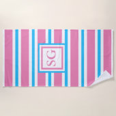 Sommerspass Rosa und Türkis Streifen Monogramm Strandtuch (Vorderseite)