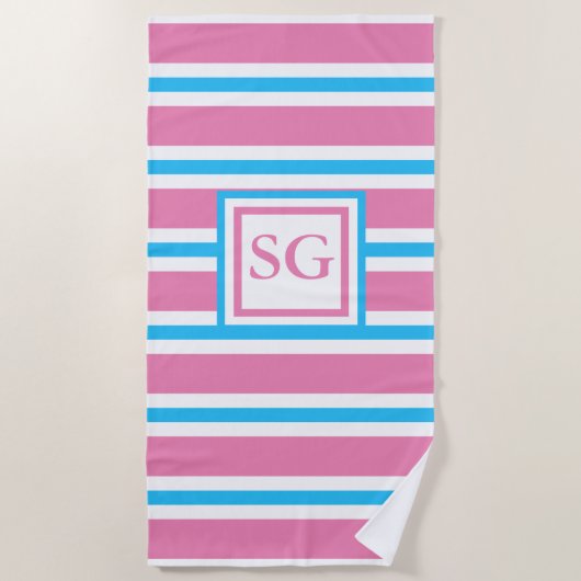Sommerspass Rosa und Türkis Streifen Monogramm Strandtuch (Vorderseite)