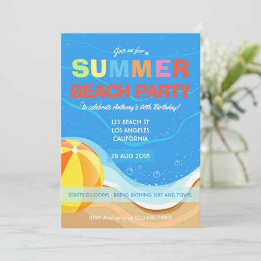 Sommerstrand Geburtstagsparty Einladung (Stehend Vorderseite)