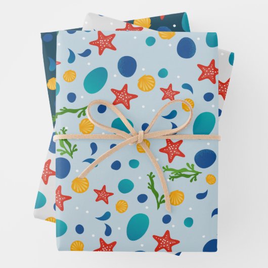 Sommerstrand mit Seestern, Muscheln und Kies Geschenkpapier Set (Beispiel)