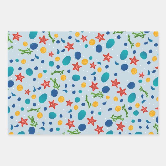 Sommerstrand mit Seestern, Muscheln und Kies Geschenkpapier Set (Vorderseite)