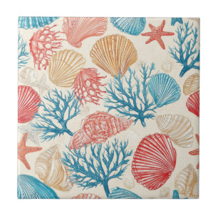 Sommerstrand Muschel Seestern Blau Rot Muster Fliese