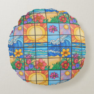 Sommerstrand Ozean und Blumen Rundes Kissen