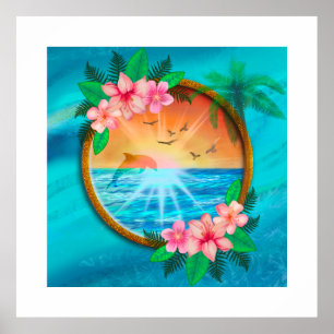 Sommerstrand Ozean Vögel fliegen am Himmel und Wur Poster