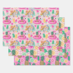 Sommerstrand Rosa Flamingos Ananas Zitronen Geschenkpapier Set