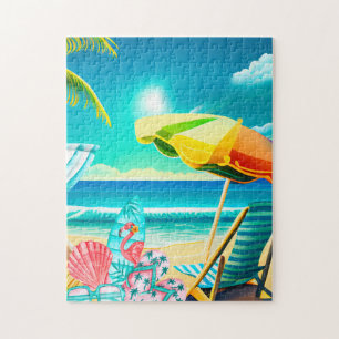 Sommerstrand-Schirme, Surfbrett und Baum Puzzle