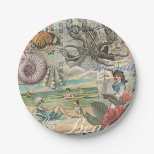 Sommerstrand vintage Oktopus antike Segelschifffah Pappteller