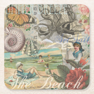 Sommerstrand vintage Oktopus antike Segelschifffah Rechteckiger Pappuntersetzer