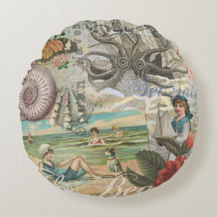 Sommerstrand vintage Oktopus antike Segelschifffah Rundes Kissen