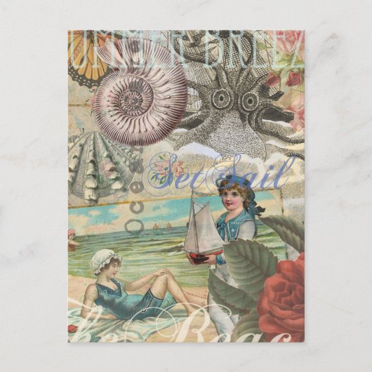 Sommerstrand Vintager Oktopus antikes Segeln Postkarte (Vorderseite)