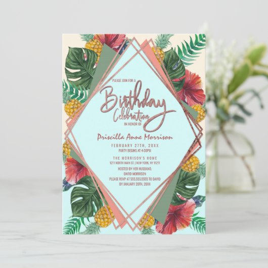 Sommertropische Ananas Blätter Blauer Geburtstag Einladung (Stehend Vorderseite)