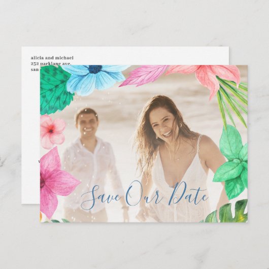 Sommertropisches modernes Foto Hochzeit rett Datum Ankündigungspostkarte (Vorne/Hinten)