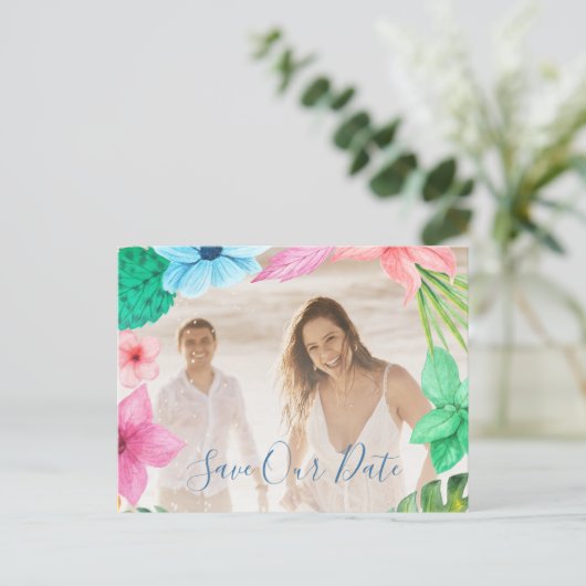 Sommertropisches modernes Foto Hochzeit rett Datum Ankündigungspostkarte (Stehend Vorderseite)