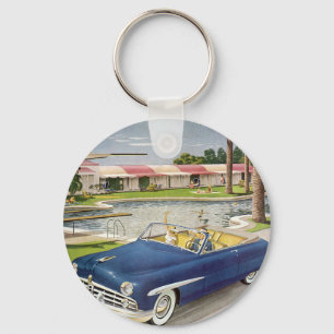 Sommerurlaub im Vintage-Stil, Cabrio und Motel Schlüsselanhänger