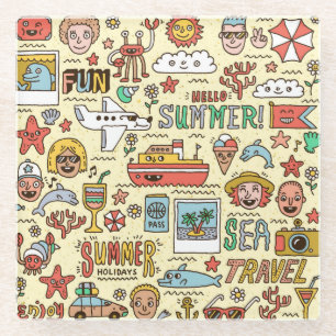 Sommerurlaub Reisen Doodle Set Glasuntersetzer