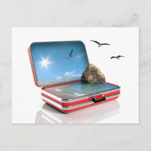 Sommerurlaubskonzept. Reisekoffer auf See Postkarte